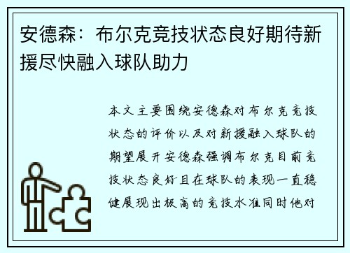 安德森：布尔克竞技状态良好期待新援尽快融入球队助力