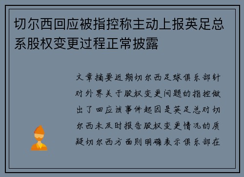 切尔西回应被指控称主动上报英足总系股权变更过程正常披露